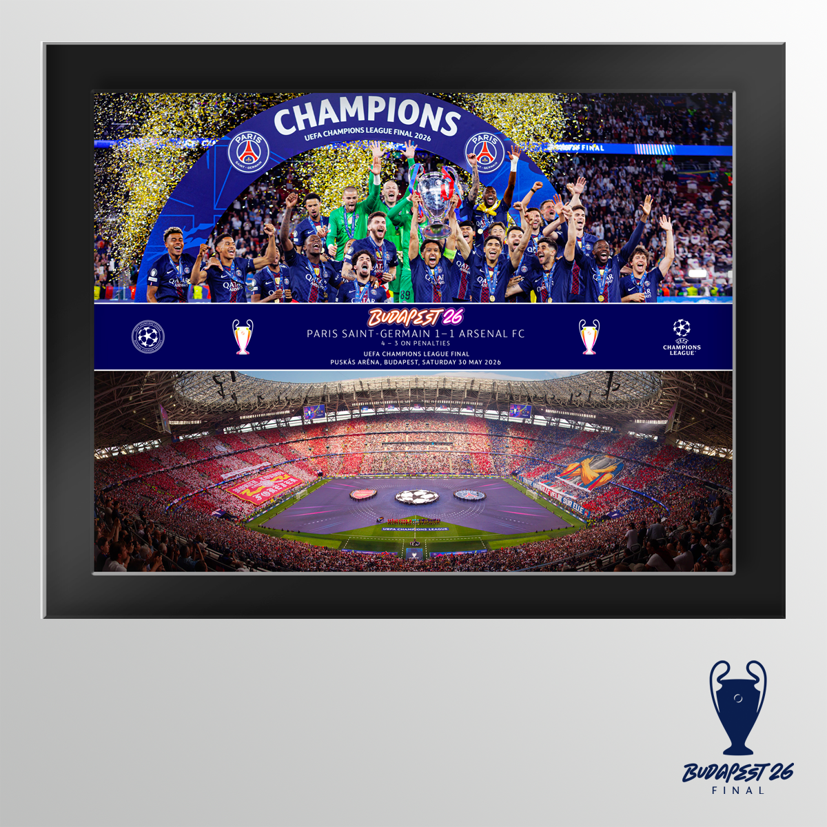 2026 UEFA Champions League Final Budapest Tempered Glass Celebration Montage Featuring Trophy Lift and Panoramic Line Up - Paris Saint-Germain