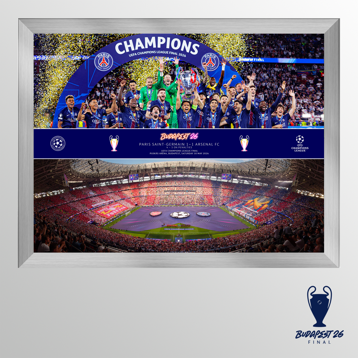 2026 UEFA Champions League Final Budapest Celebration Framed Montage Featuring Trophy Lift and Panoramic Line Up - Paris Saint-Germain