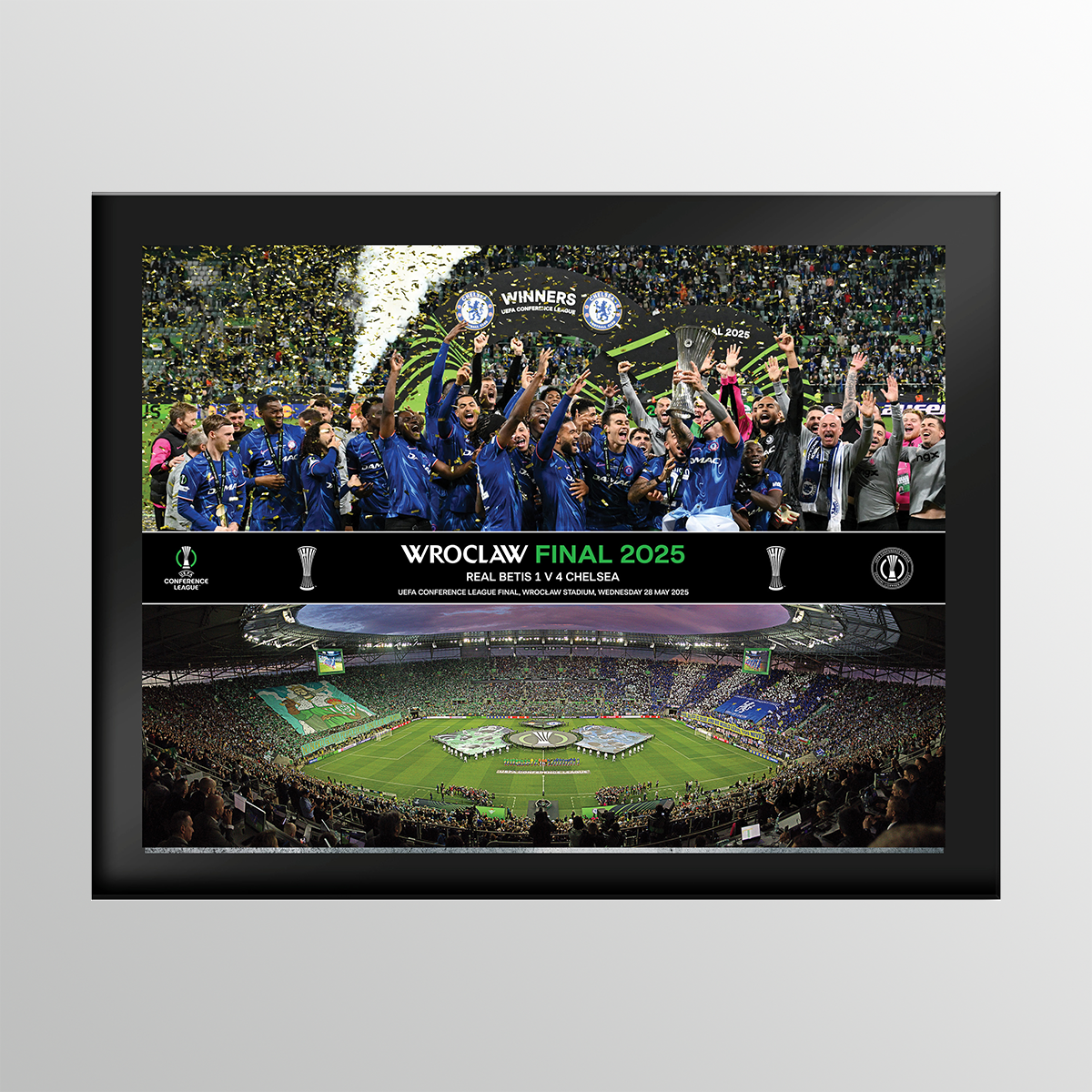 2025 UEFA Europa Conference League Final Wroclaw Tempered Glass Celebration Montage Featuring Trophy Lift and Panoramic Line Up UEFA Club Competitions Online Store