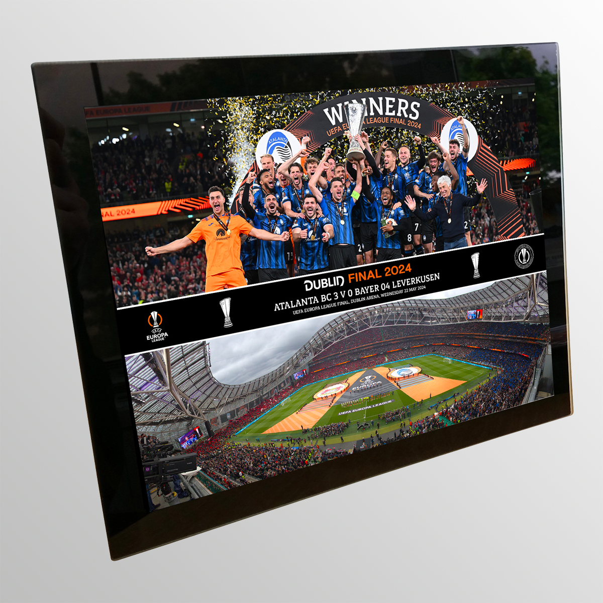 2024 UEFA Europa League Final Dublin Tempered Glass Celebration Montage Featuring Trophy Lift and Panoramic Line Up UEFA Club Competitions Online Store