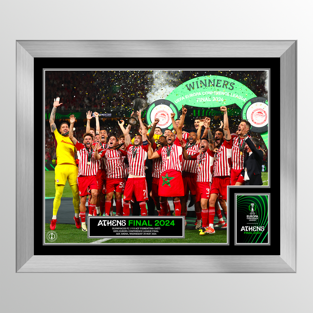 2024 UEFA Europa Conference League Final Athens Framed and Mounted Winners Cup Lift - Olympiacos UEFA Club Competitions Online Store