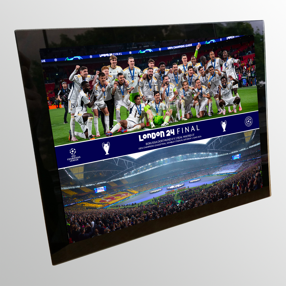 2024 UEFA Champions League Final London Tempered Glass Celebration Montage Featuring Trophy Lift and Panoramic Line Up