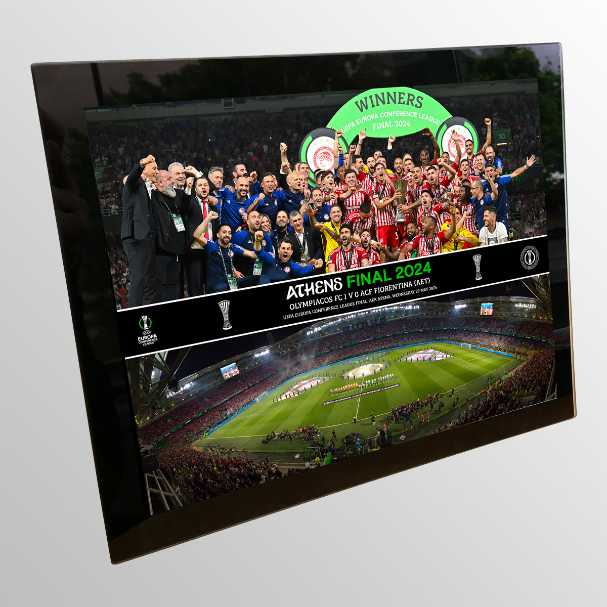 2024 UEFA Europa Conference League Final Athens Tempered Glass Celebration Montage Featuring Trophy Lift and Panoramic Line Up UEFA Club Competitions Online Store