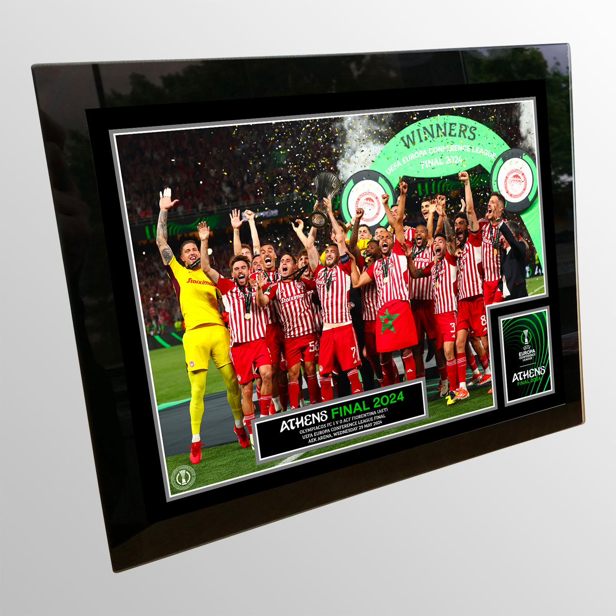 2024 UEFA Europa Conference League Final Athens Tempered Glass Winners Cup Lift - Olympiacos UEFA Club Competitions Online Store
