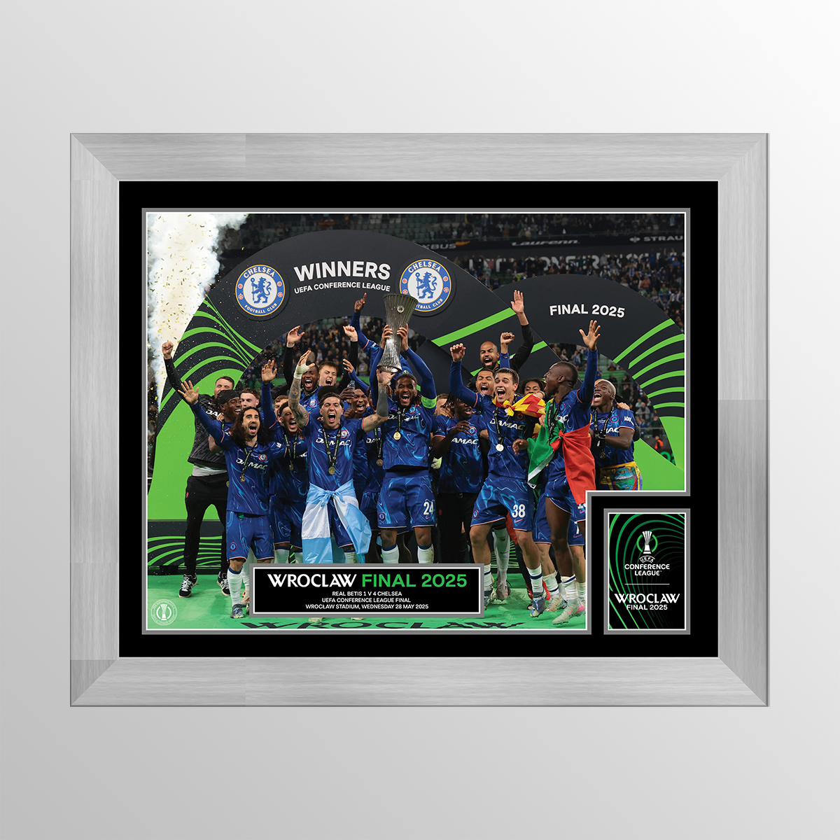 2025 UEFA Europa Conference League Final Wroclaw Framed and Mounted Winners Cup Lift - Chelsea UEFA Club Competitions Online Store