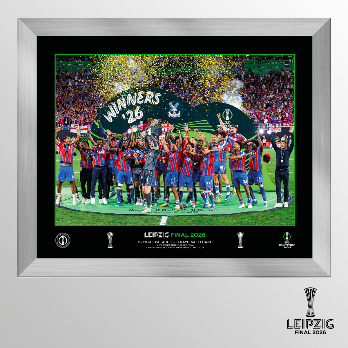 2026 UEFA Europa Conference League Final Leipzig Framed and Mounted Winners Cup Lift - Crystal Palace