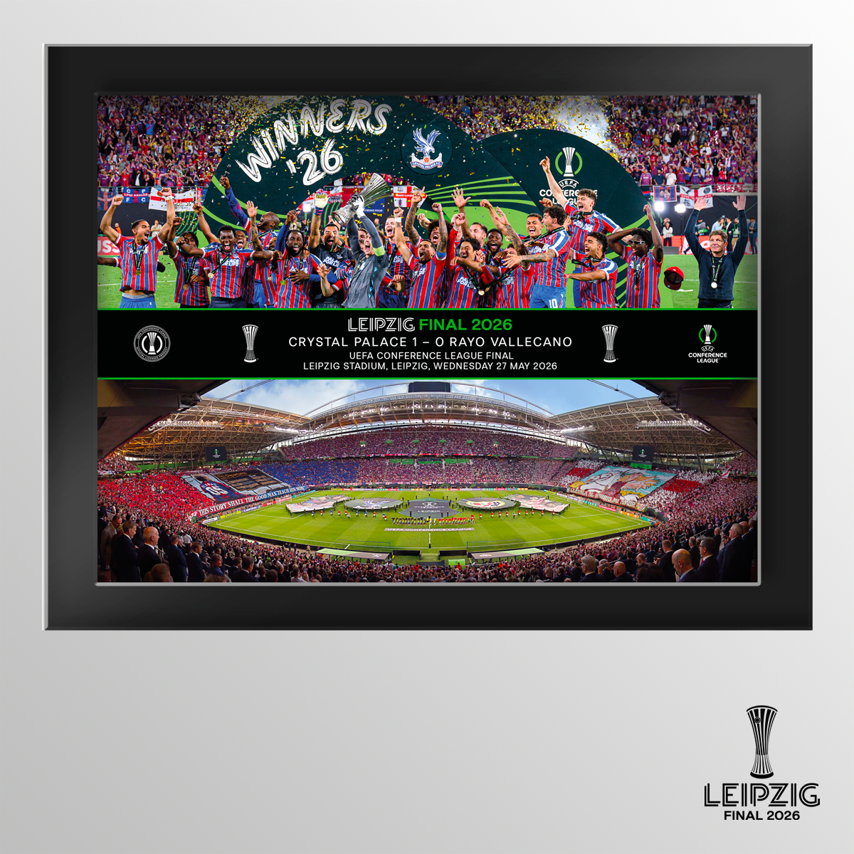 2026 UEFA Europa Conference League Final Leipzig Tempered Glass Celebration Montage Featuring Trophy Lift and Panoramic Line Up - Crystal Palace