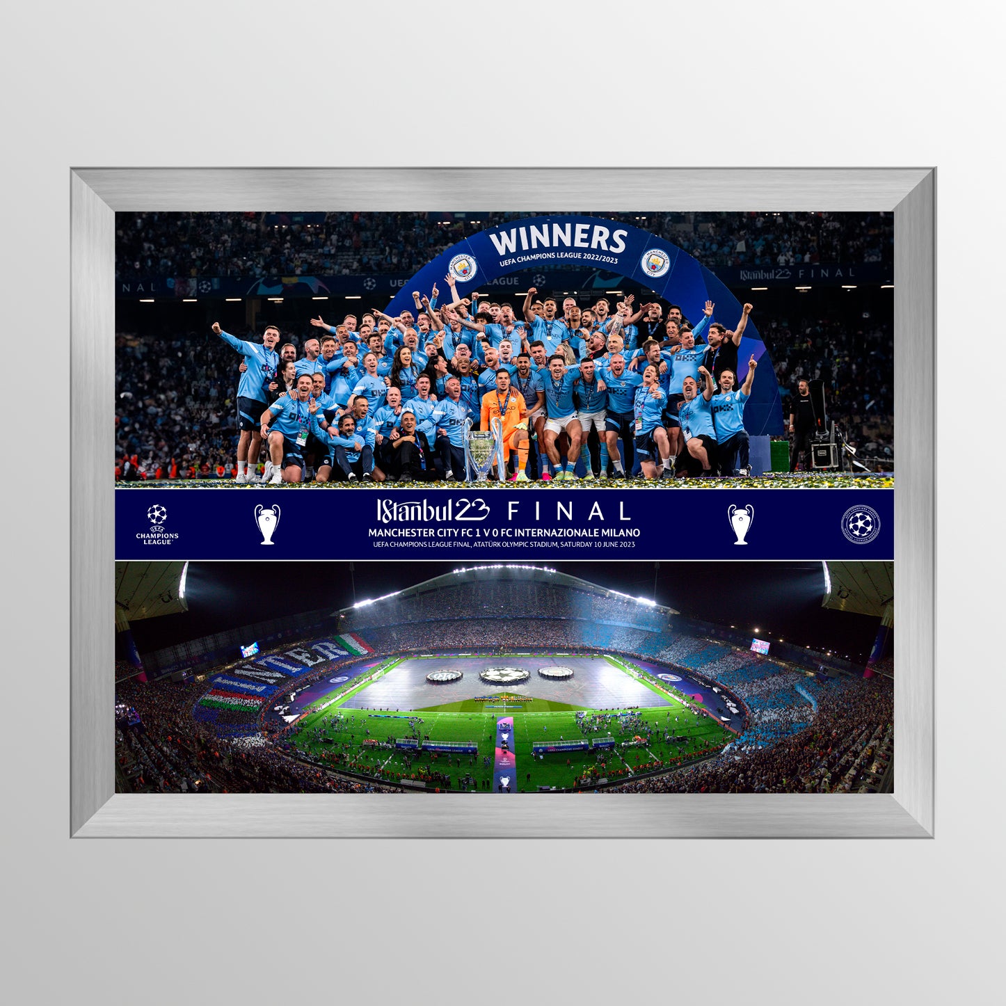 2023 UEFA Champions League Final Istanbul Celebration Framed Montage Featuring Trophy Lift and Panoramic Line Up UEFA Club Competitions Online Store