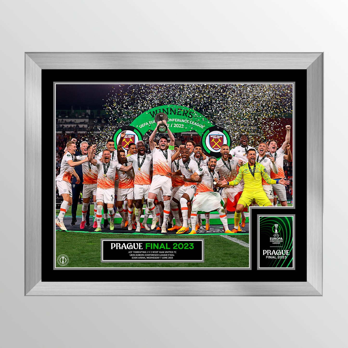 2023 UEFA Europa Conference League Final Prague Framed and Mounted Winners Cup Lift - West Ham UEFA Club Competitions Online Store