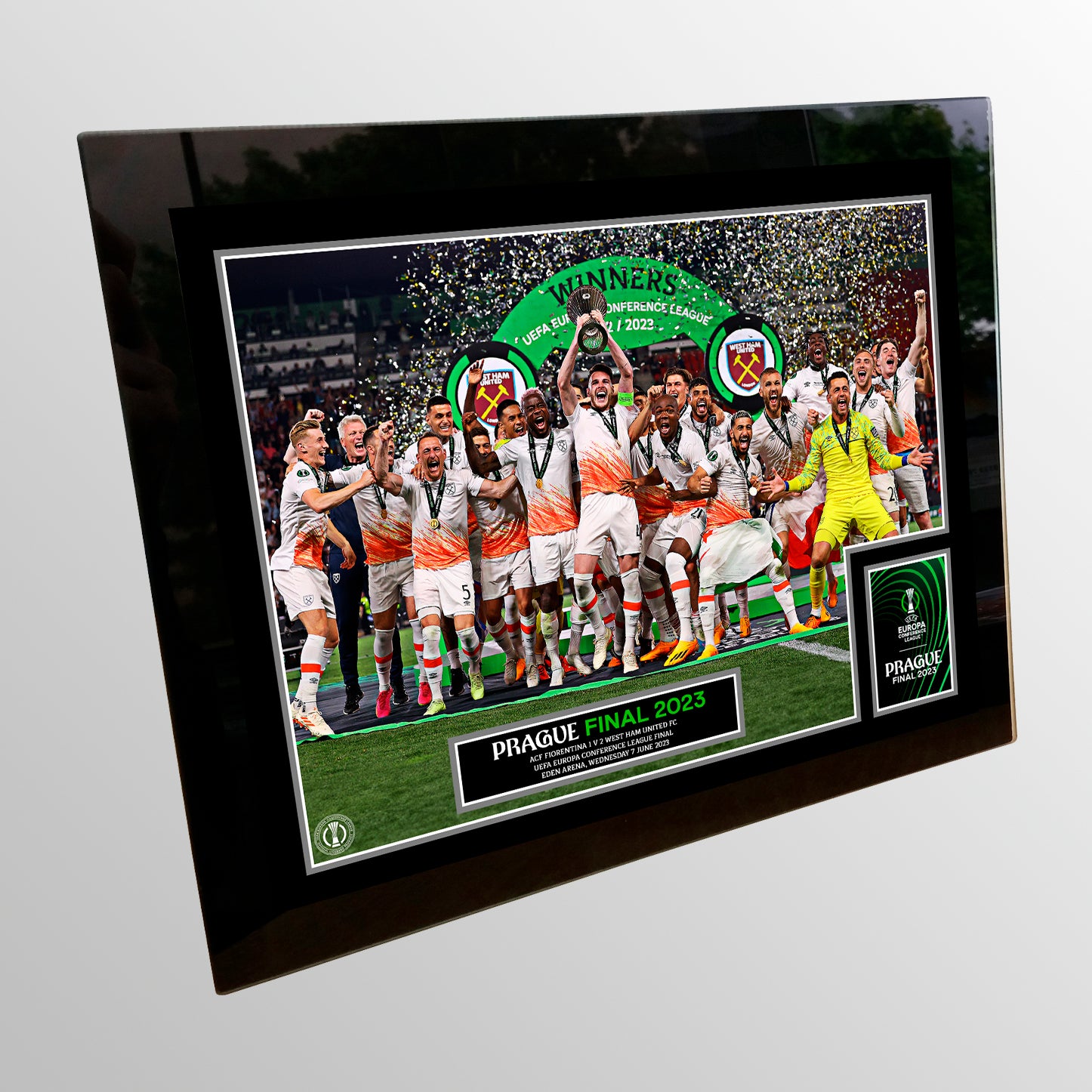 2023 UEFA Europa Conference League Final Prague Tempered Glass Winners Cup Lift - West Ham UEFA Club Competitions Online Store