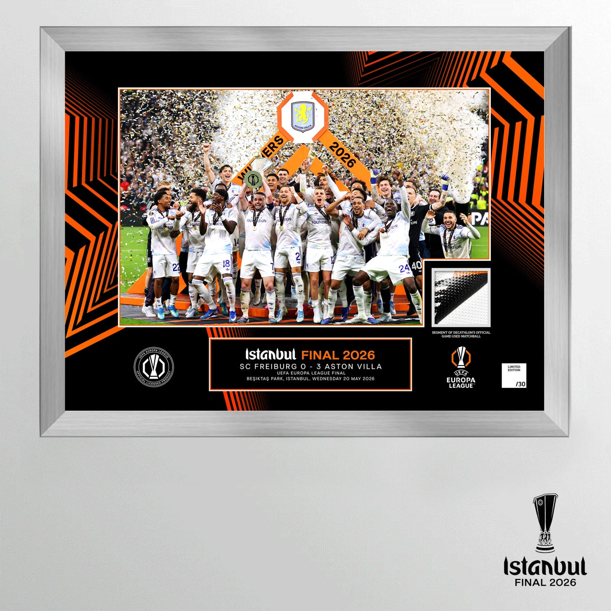 2026 UEFA Europa League Final Istanbul Played Ball Framed and Mounted Winners Cup Lift - Aston Villa