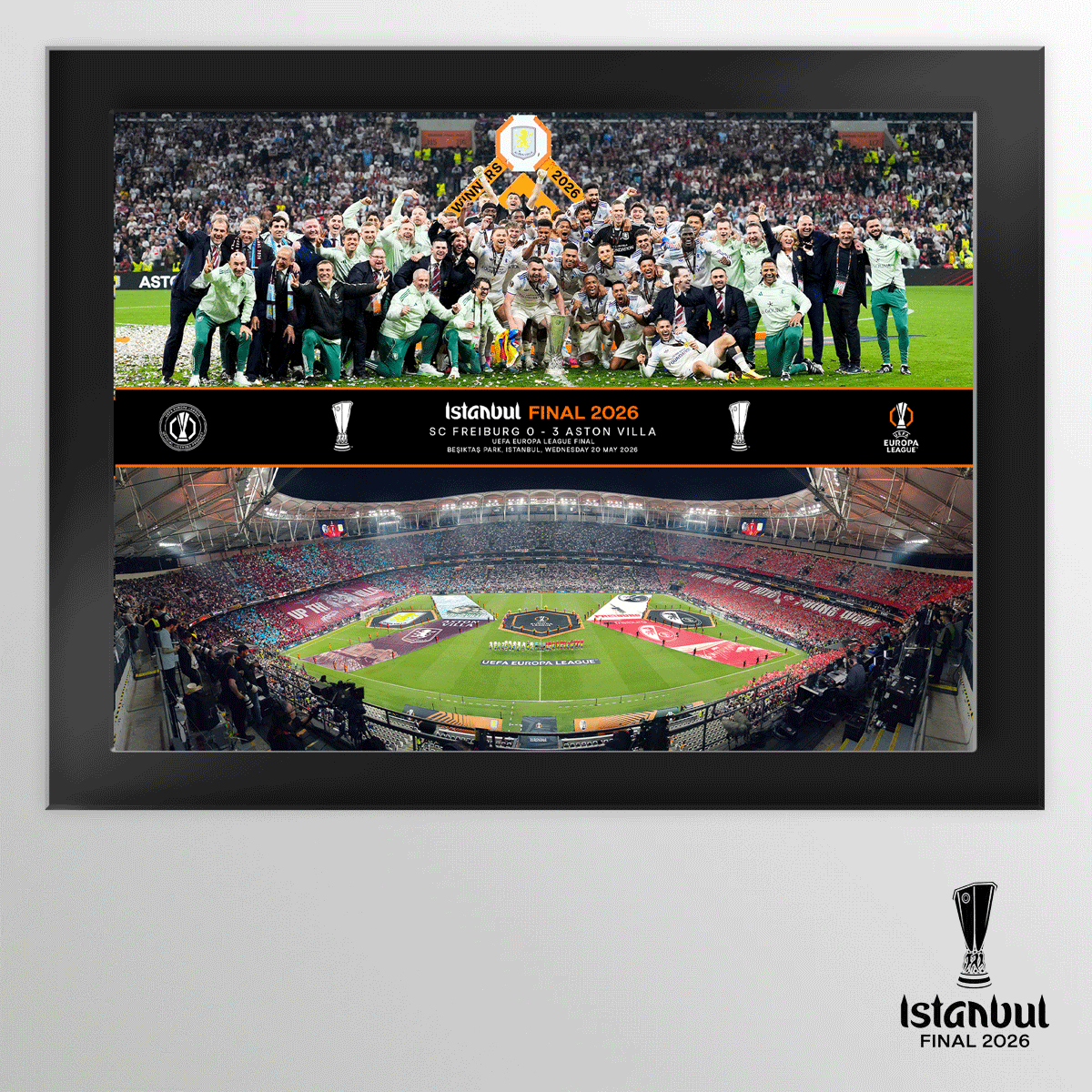 2026 UEFA Europa League Final Istanbul Tempered Glass Celebration Montage Featuring Trophy Lift and Panoramic Line Up - Aston Villa
