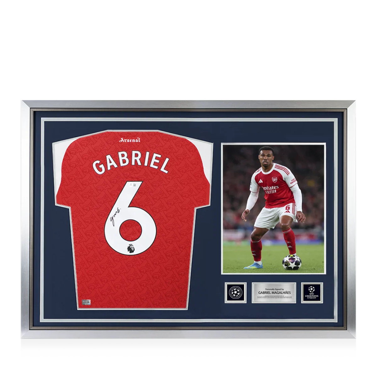 Gabriel Magalhães Official UEFA Champions League Back Signed and Hero Framed Arsenal 2025-26 Home Shirt