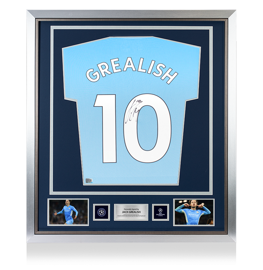 Jack Grealish Official UEFA Champions League Back Signed and Framed Manchester City 2021-22 Home Shirt