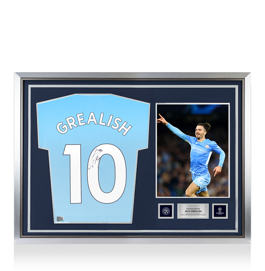 Jack Grealish Official UEFA Champions League Back Signed and Hero Framed Manchester City 2021-22 Home Shirt