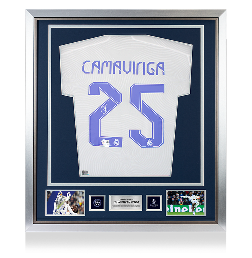 Eduardo Camavinga Official UEFA Champions League Back Signed and Framed Real Madrid 2021-22 Home Shirt