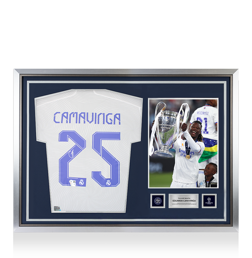 Eduardo Camavinga Official UEFA Champions League Back Signed and Hero Framed Real Madrid 2021-22 Home Shirt