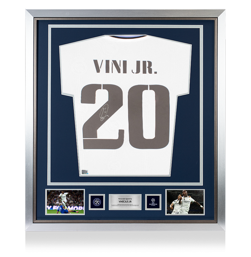 Vinicius Jr Official UEFA Champions League Back Signed and Framed Real Madrid CF 2022-23 Home Shirt with Fan Style Numbers