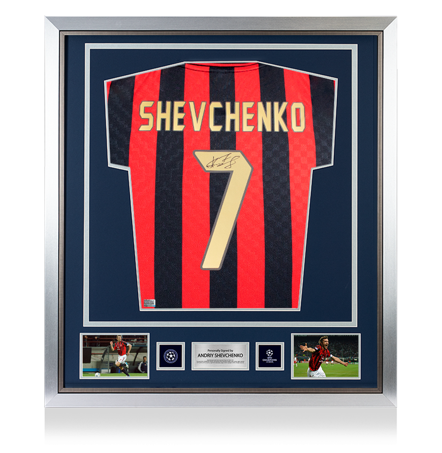 Andriy Shevchenko Official UEFA Champions League Back Signed and Framed AC Milan 1996 Home Shirt with Fan Style Numbers