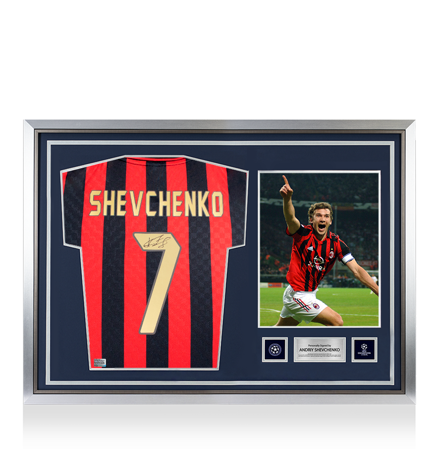 Andriy Shevchenko Official UEFA Champions League Back Signed and Hero Framed AC Milan 1996 Home Shirt with Fan Style Numbers