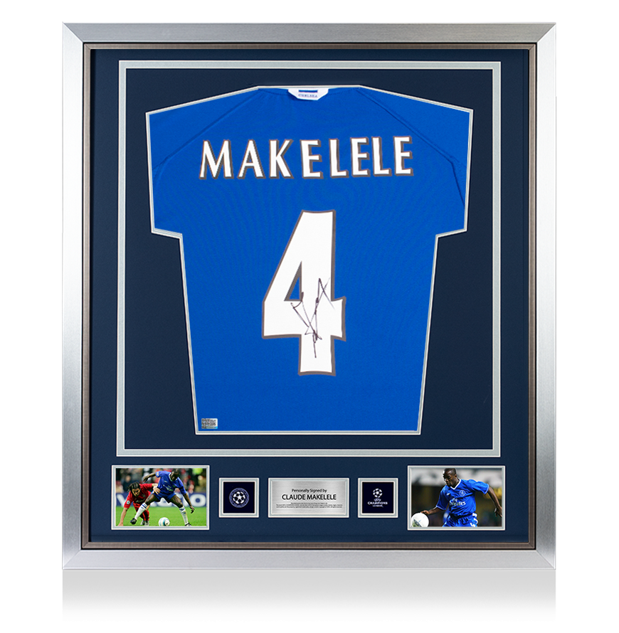 Claude Makelele Official UEFA Champions League Signed and Framed Retro Chelsea FC Shirt with Fan Style Numbers