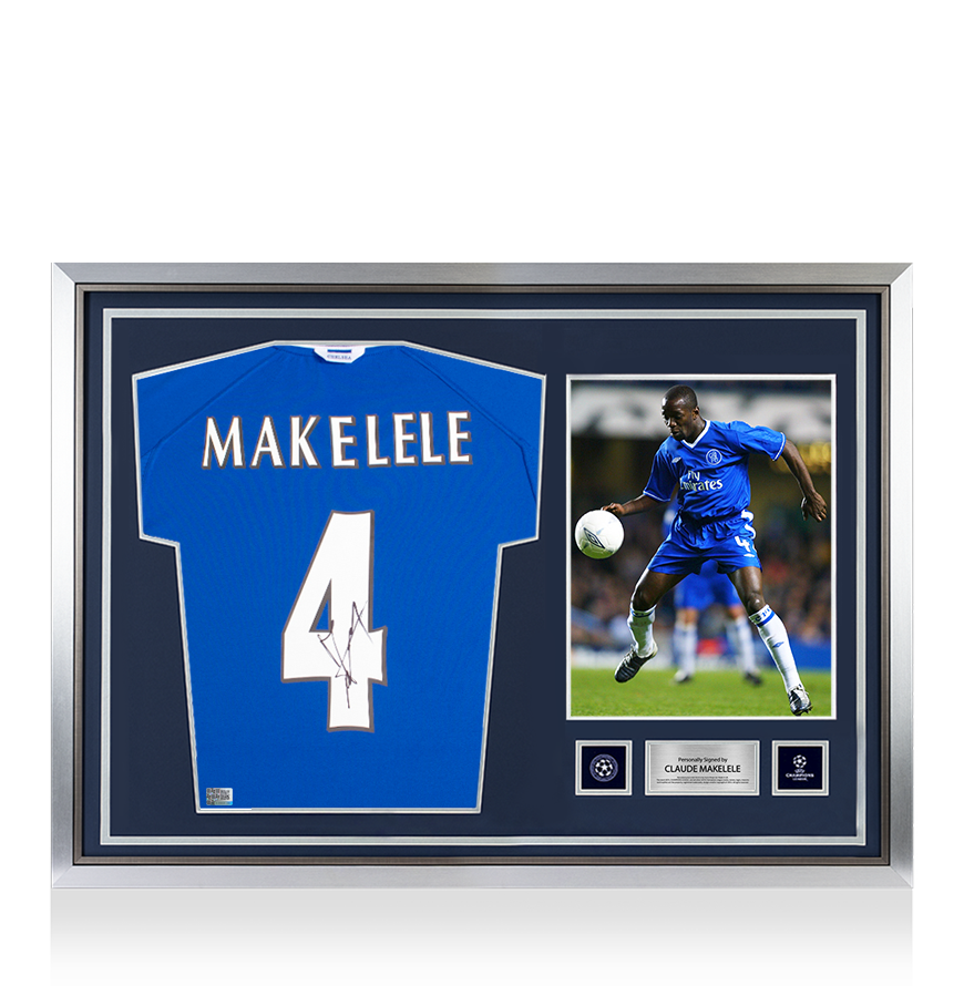 Claude Makelele Official UEFA Champions League Signed and Hero Framed Retro Chelsea FC Shirt with Fan Style Numbers