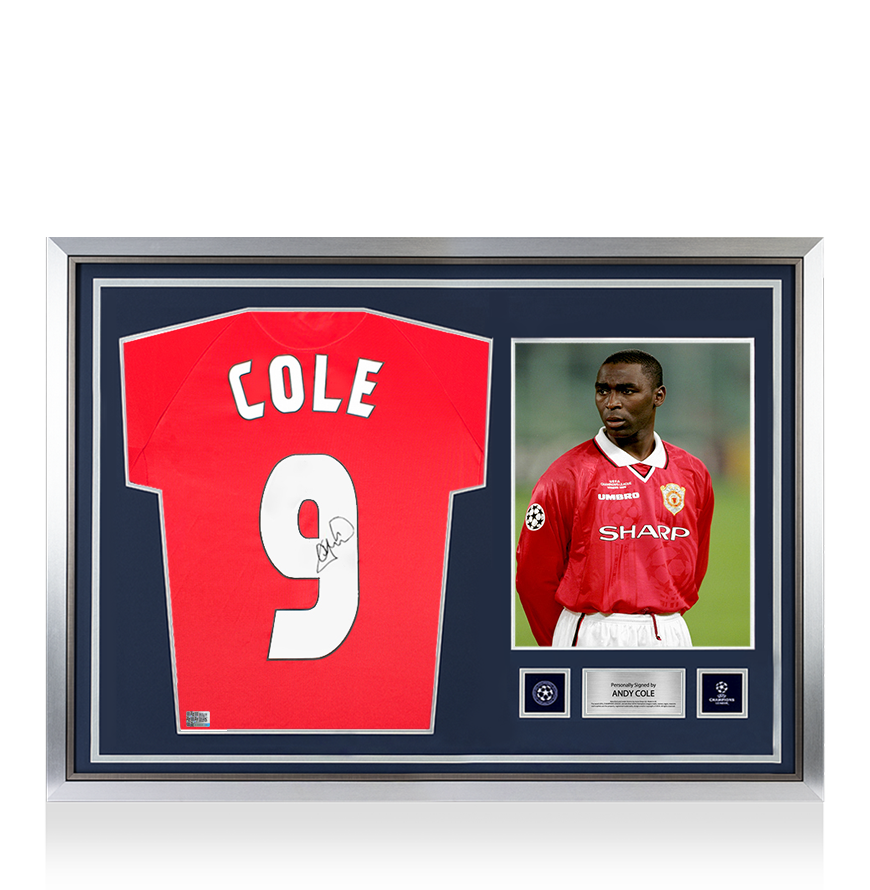 Andy Cole Official UEFA Champions League Back Signed and Hero Framed Manchester United 1999 Home Shirt With Fan Style Numbers UEFA Club Competitions Online Store