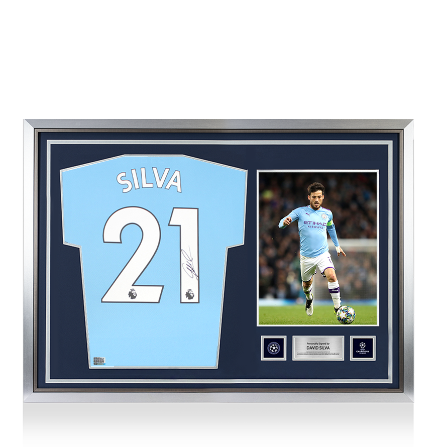 David Silva Official UEFA Champions League Back Signed and Hero Framed Manchester City 2021-22 Home Shirt