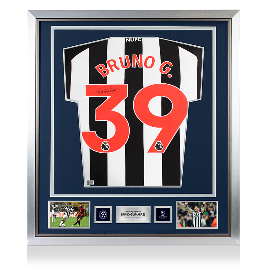 Bruno Guimaraes Official UEFA Champions League Back Signed and Framed Newcastle United 2023-24 Home Shirt