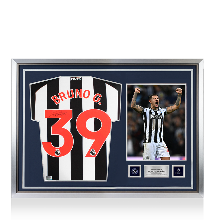 Bruno Guimaraes Official UEFA Champions League Back Signed and Hero Framed Newcastle United 2023-24 Home Shirt