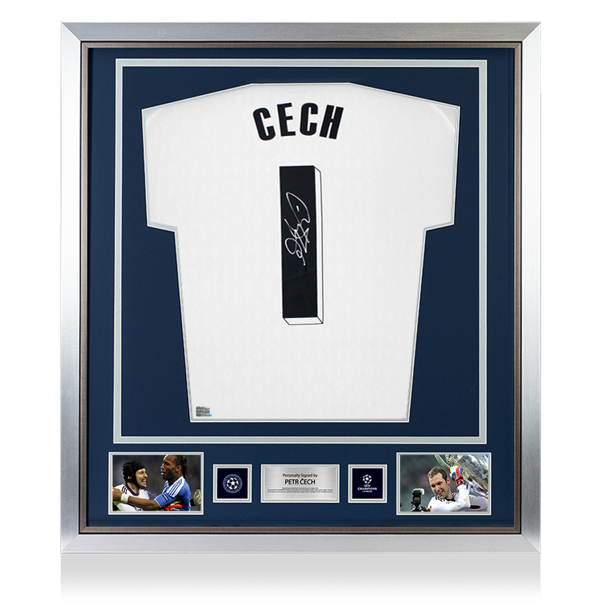 Petr Cech Official UEFA Champions League Back Signed and Framed Adidas TIRO Goalkeeper Shirt with Fan Style Number UEFA Club Competitions Online Store