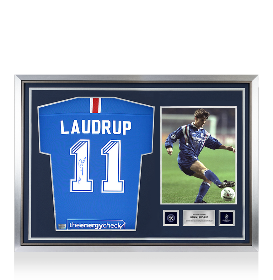 Brian Laudrup Official UEFA Champions League Back Signed and Hero Framed Rangers 2020-21 Home Shirt
