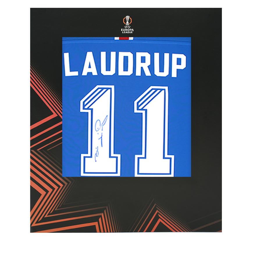 Brian Laudrup Official UEFA Europa League Back Signed Rangers 2020-21 Home Shirt In Deluxe Packaging