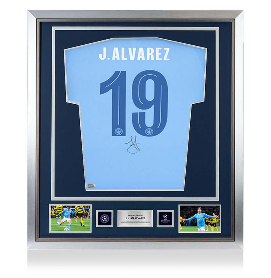 Julian Alvarez Official UEFA Champions League Back Signed and Framed Manchester City 2023-24 Home Shirt UEFA Club Competitions Online Store