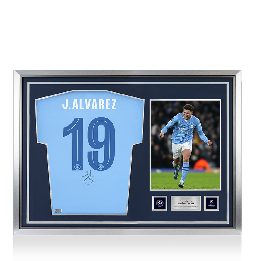 Julian Alvarez Official UEFA Champions League Back Signed and Hero Framed Manchester City 2023-24 Home Shirt UEFA Club Competitions Online Store