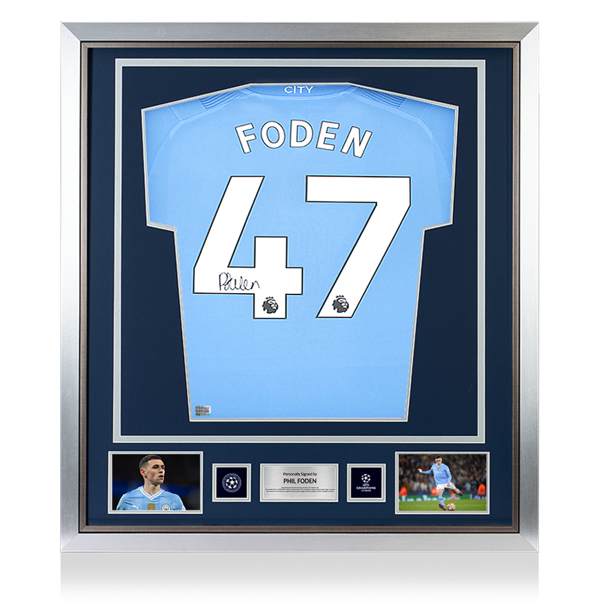 Phil Foden Official UEFA Champions League Back Signed and Framed Manchester City 2023-24 Home Shirt UEFA Club Competitions Online Store