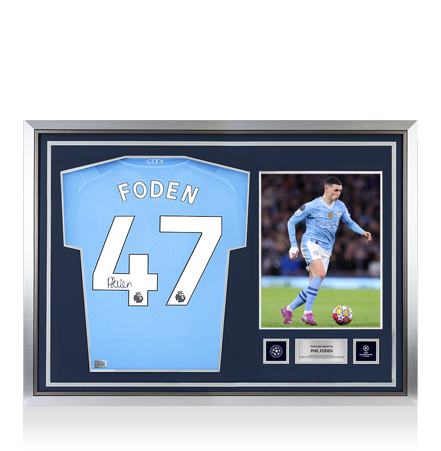 Phil Foden Official UEFA Champions League Back Signed and Hero Framed Manchester City 2023-24 Home Shirt UEFA Club Competitions Online Store