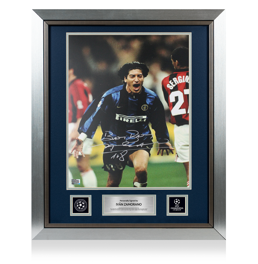 Ivan Zamorano Official UEFA Champions League Signed and Framed Internazionale Photo in Silver: Milan Derby Goal