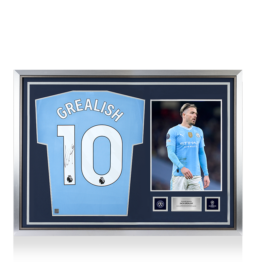 Jack Grealish Official UEFA Champions League Back Signed and Hero Framed Manchester City 2023-24 Home Shirt
