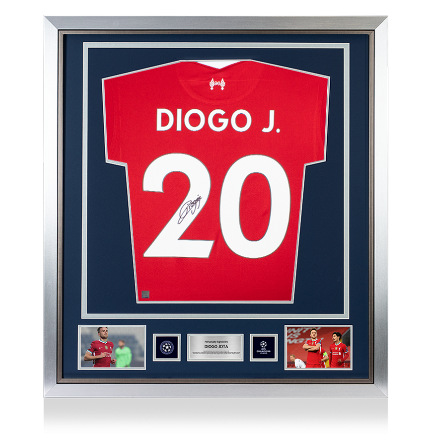 Diogo Jota Official UEFA Champions League Signed and Framed Liverpool FC 2020-21 Home Shirt With Fan Style Numbers UEFA Club Competitions Online Store