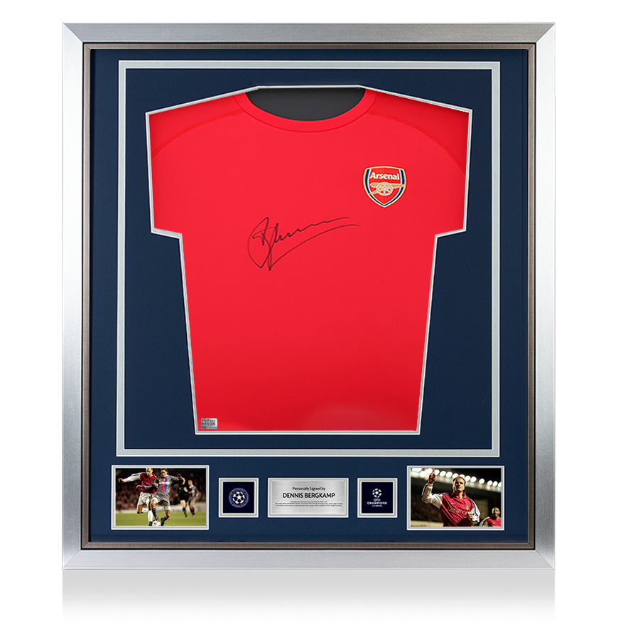 Dennis Bergkamp Official UEFA Champions League Front Signed and Framed Arsenal T-Shirt