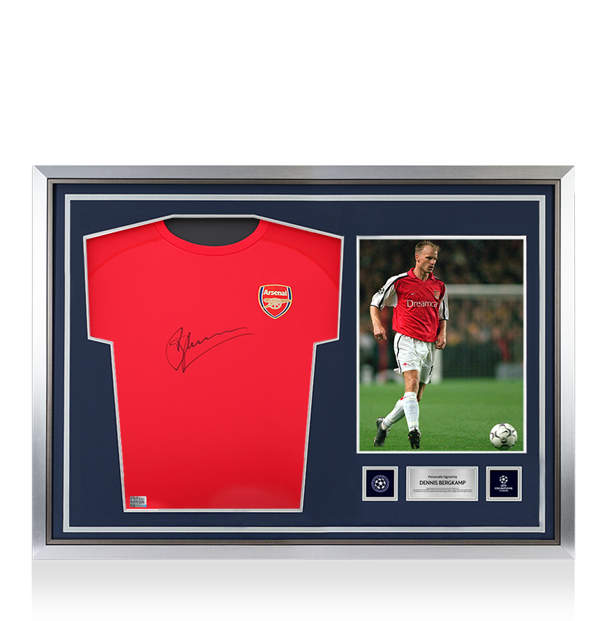 Dennis Bergkamp Official UEFA Champions League Front Signed and Hero Framed Arsenal T-Shirt
