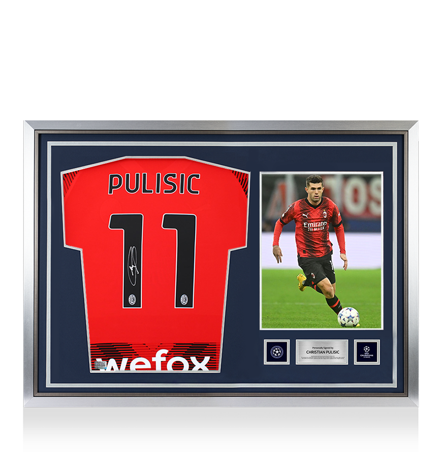 Christian Pulisic Official UEFA Champions League Back Signed and Hero Framed AC Milan 2023-24 Home Shirt