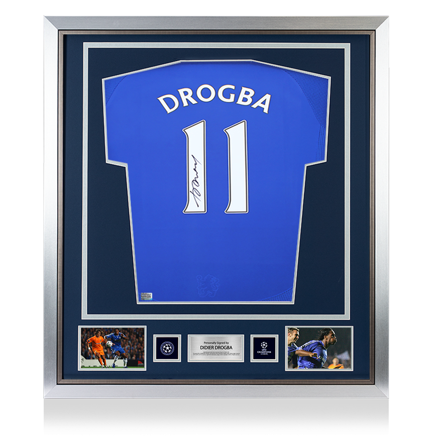 Didier Drogba Official UEFA Champions League Back Signed and Framed Chelsea 2006-08 Home Shirt with Fan Style Number UEFA Club Competitions Online Store