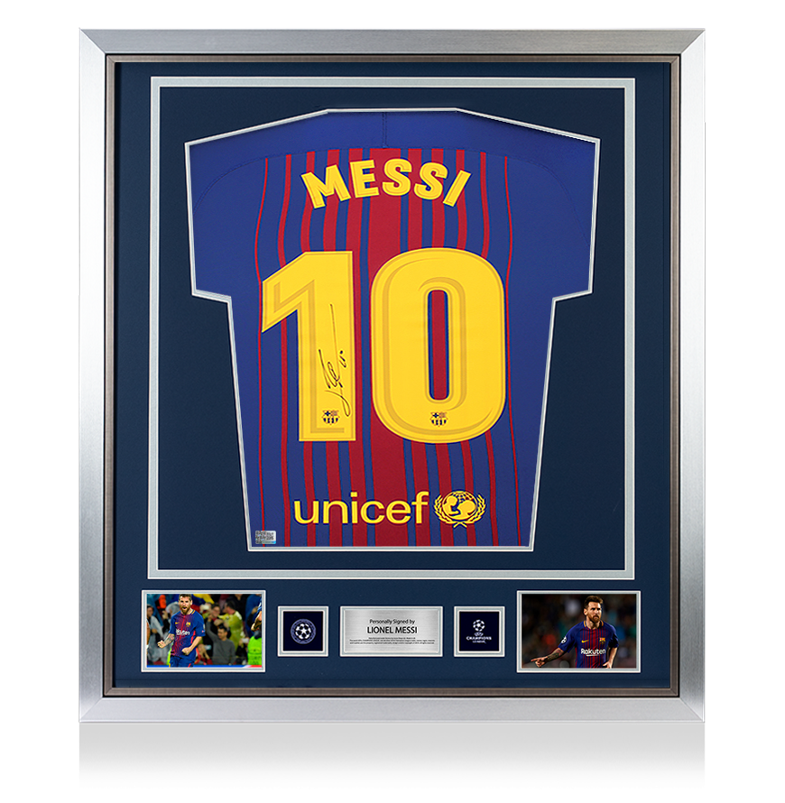 Lionel Messi Official UEFA Champions League Official Back Signed and Framed FC Barcelona 2017-18 Home Shirt UEFA Club Competitions Online Store