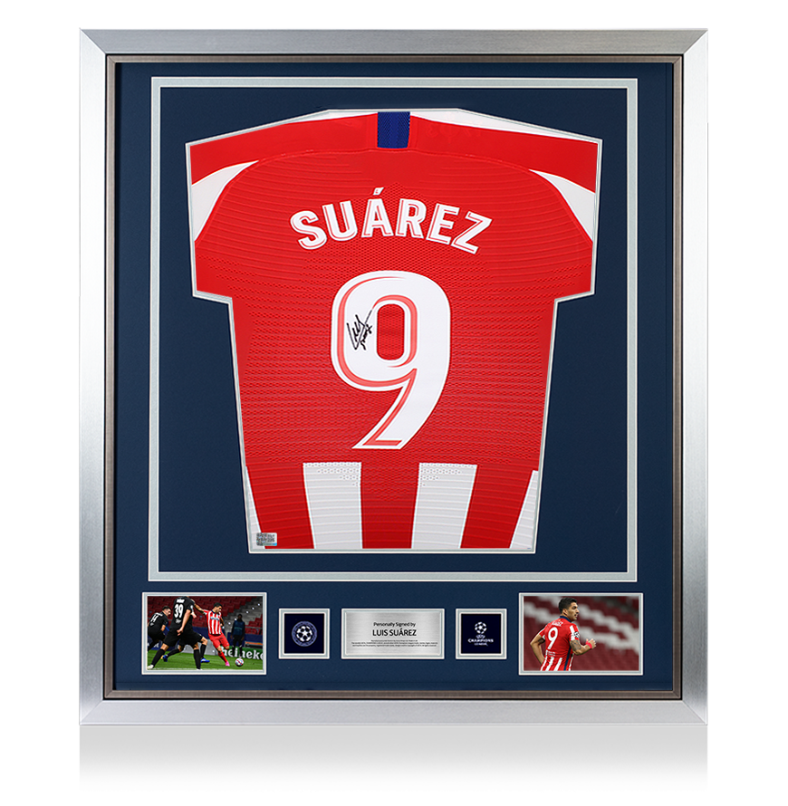 Luis Suarez Official UEFA Champions League Back Signed and Framed Atletico Madrid 2019-20 Home Shirt with Fan Style Number UEFA Club Competitions Online Store