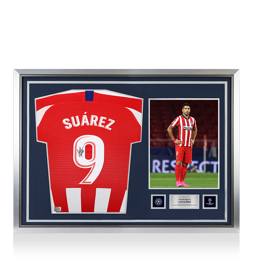 Luis Suarez Official UEFA Champions League Back Signed and Hero Framed Atletico Madrid 2019-20 Home Shirt with Fan Style Number UEFA Club Competitions Online Store