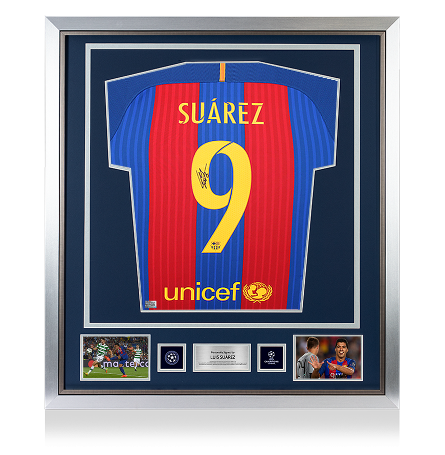 Luis Suarez Official UEFA Champions League Back Signed and Framed FC Barcelona 2016-17 Home Shirt UEFA Club Competitions Online Store