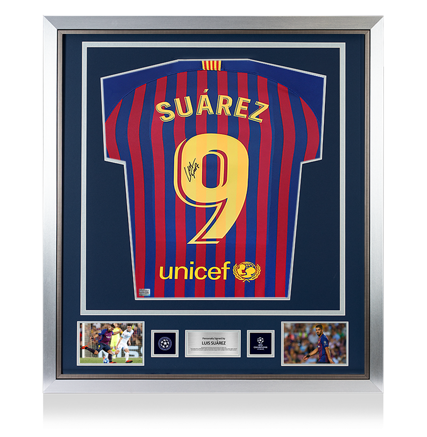 Luis Suarez Official UEFA Champions League Back Signed and Framed FC Barcelona 2018-19 Home Shirt with Fan Style Number UEFA Club Competitions Online Store