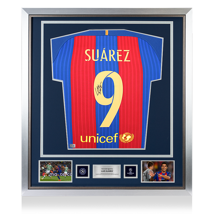 Luis Suarez Official UEFA Champions League Back Signed and Framed FC Barcelona 2016-17 Home Shirt with Fan Style Number UEFA Club Competitions Online Store